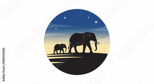 Two elephants, mother and child, walking across a silhouetted landscape under a starry night sky