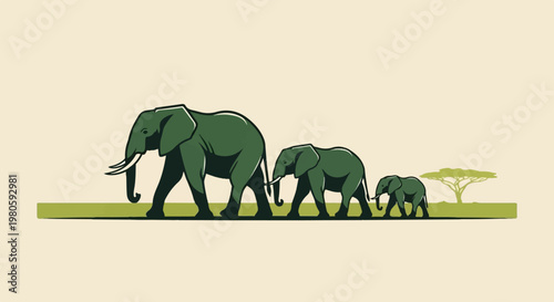 A family of elephants, large to small, walk in procession across a grassy savanna