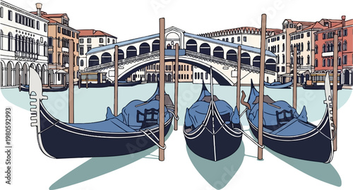 Venetian canal scene with gondolas, ornate bridge, and historic buildings