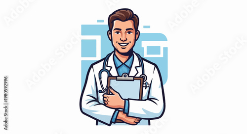 Cheerful male doctor in white coat with stethoscope and clipboard, blue background