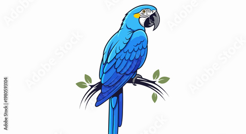Blue macaw with yellow cheek patch perches on a branch with green leaves