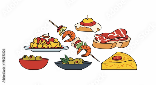 Assortment of tapas including shrimp skewers, cheese, olives, and bread with meat