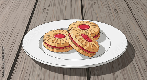 Three jam-filled biscuits sit on a white plate, placed on a wooden table