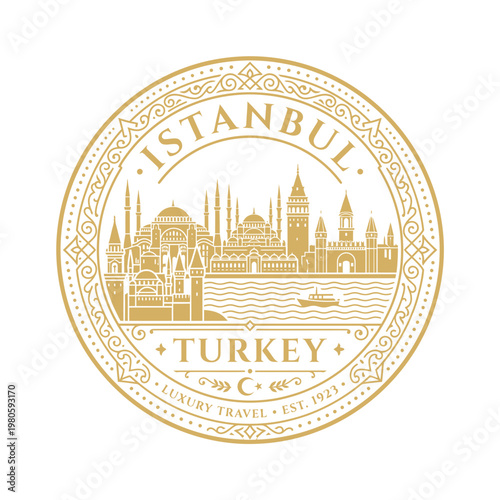 Istanbul Turkey luxury travel seal featuring city skyline landmarks in gold vector illustration