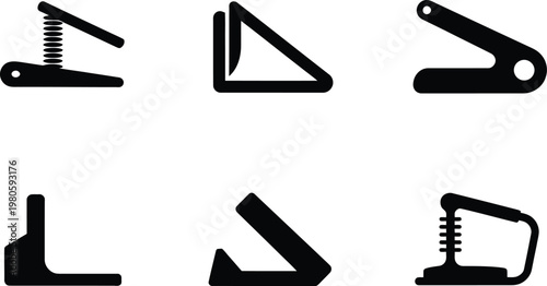 Six abstract black geometric shapes and mechanical components on white hyui illustration