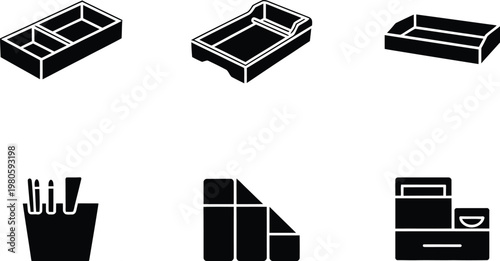 Six black and white icons of desk organizers and storage solutions Keywords: desk organizer, tray