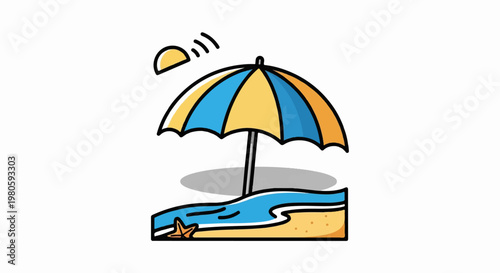 A cartoon umbrella stands on a sandy beach with a starfish near a blue ocean