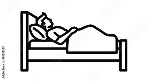 Simple black outline depicts a person peacefully resting in a bed