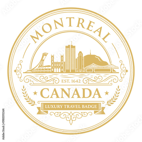 Montreal Canada luxury travel badge with skyline landmarks vector illustration