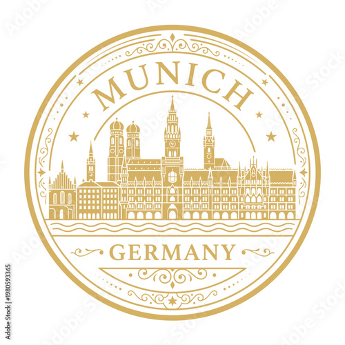 Munich Germany skyline gold circular vintage badge emblem with ornate filigree vector