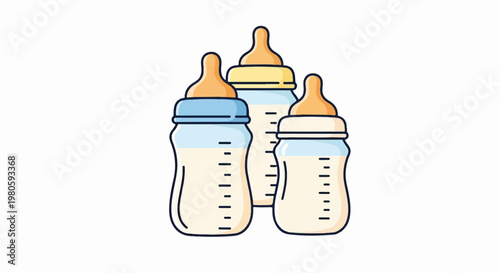 Three stylized baby bottles, one yellow capped, two blue capped, filled with milk