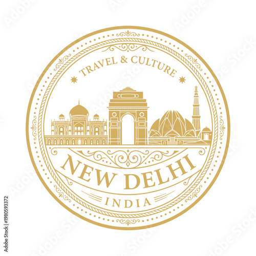 New Delhi India travel emblem with landmarks and ornate gold seal vector illustration