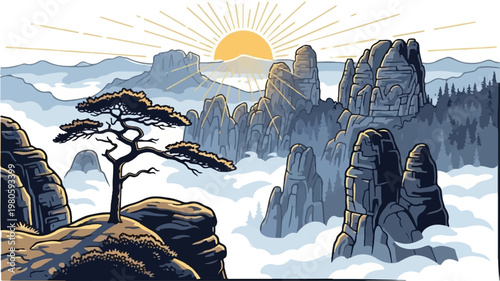 Majestic peaks pierce misty clouds under a radiant sun, silhouetting a lone, wind-swept tree