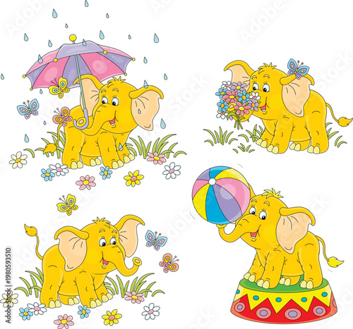 Cute baby elephant playing with butterflies on a green summer field with flowers, juggling a striped ball, hiding from the rain under an umbrella, a set of vector cartoon illustrations on white