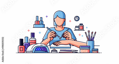 Stylized illustration of a person doing a manicure with nail polish bottles, UV lamp, and tools