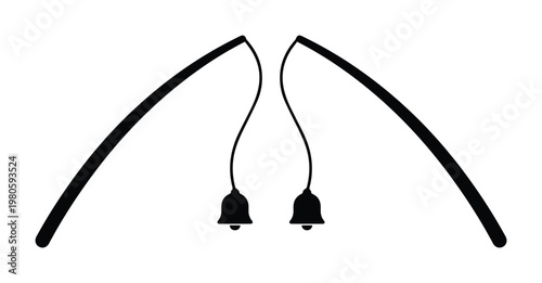 Fishing rod bite alarm bells vector, black silhouette of twin fishing poles with tip bells, angling gear equipment for night fishing