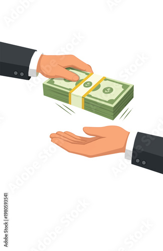 Vector illustration of hand giving stack of cash to another hand, concept of bribery, corruption, illegal payment, financial transaction, business deal, fraud and unethical money exchange.