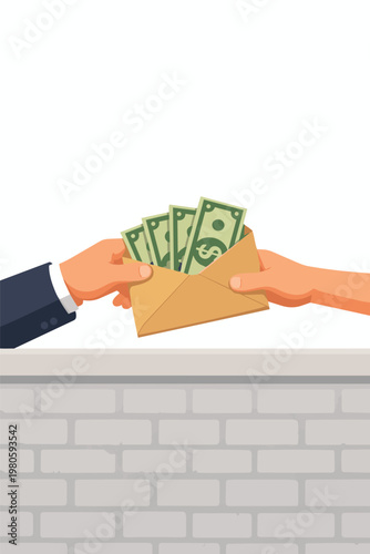 Vector illustration of hands exchanging cash in envelope, concept of bribery, corruption, illegal payment, financial transaction, secret deal, business ethics violation and money transfer.