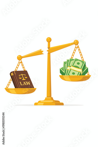 Vector illustration of broken justice scale with law book and money, concept of corruption, bribery, imbalance of justice, legal system failure, inequality, unethical influence of wealth.
