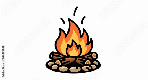 A simple cartoon campfire with logs and stones ablaze