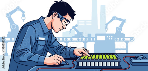 Technician assembling battery pack on factory floor with robotic arms in background