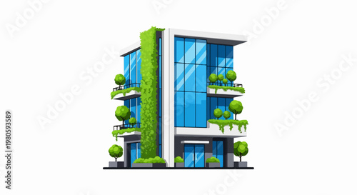 Modern multi-story building with abundant greenery on balconies and facade