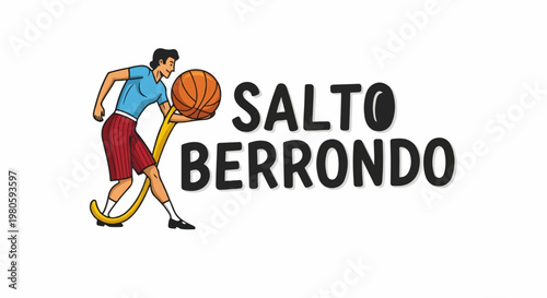 A cartoon character plays basketball with the word "SALTO BERRONDO" in bold letters