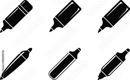Six black icons of markers and highlighters on a white background writing tool drawing tool