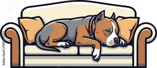 A cartoon dog naps peacefully on a comfy couch with pillows