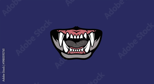 Fierce animal mouth with sharp fangs, bared in a menacing growl on a deep blue background