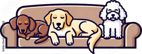 Three dogs resting on a comfy sofa, two with eyes closed