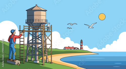 Worker painting water tower on coastal landscape with lighthouse and seagulls