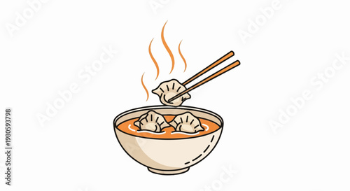 Hot soup bowl with dumplings being picked up by chopsticks