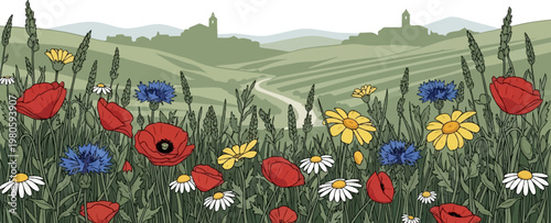 Vibrant wildflowers in a rolling landscape with distant village and road