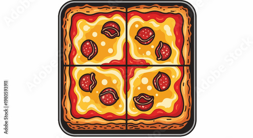 Delicious square pepperoni pizza, cut into four perfect slices, with melted cheese and a golden crust