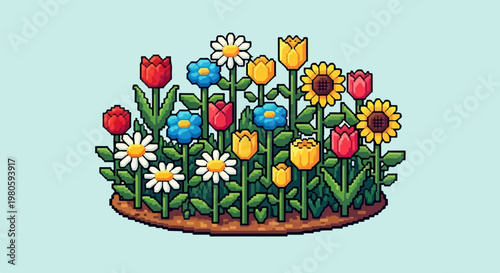 Pixelated bouquet of various colorful flowers on a plain background