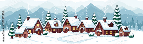 Pixel art village nestled in snowy mountains with cozy homes