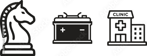 Black and white icons, knight chess piece, car battery, medical clinic, line art symbols