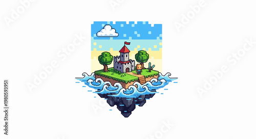 Pixelated island with a castle, a person, trees, and waves