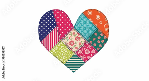 A vibrant, patchwork heart composed of various fabric scraps