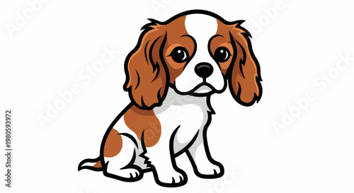 A cartoon dog with brown and white fur sits attentively on a plain white background