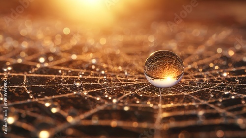 Macro photography showcasing delicate morning dew drop on a spider web reflecting warm sunrise light in natural outdoor setting photographed for nature appreciation and tranquility concepts