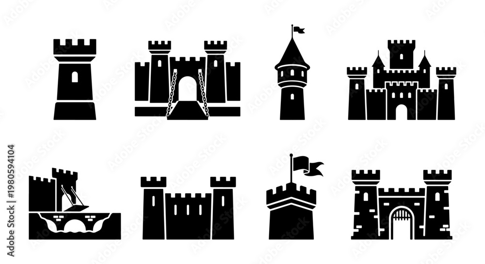 Naklejka premium Medieval castle silhouette icons set, 8 black fortress and palace vector elements, ancient stone tower and citadel symbols for game design