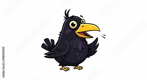Amusing cartoon raven with a wide yellow beak and surprised expression, speaking animatedly