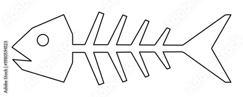 Minimalist fish bone vector icon, geometric fish skeleton outline, black and white aquatic remains illustration for seafood branding and waste concepts