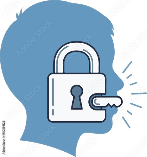 A silhouette of a head with a padlock and key in place of the mouth