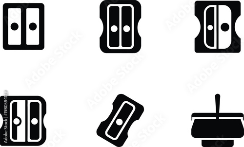 Six Black Pencil Sharpener Icons With Different Designs silhouette stationery