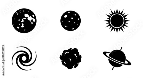 Minimalist space icons set, black celestial bodies vector collection, 6 astronomy symbols including sun and planets for educational infographics