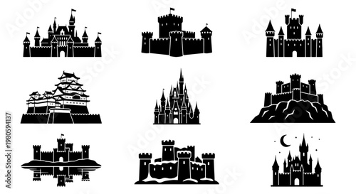 Medieval castle silhouettes set, 9 black fortress vector icons, fairy tale palace and royal kingdom architecture, ancient stone citadel symbols