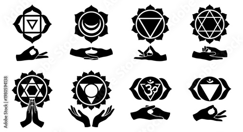 Sacred chakra symbols with mudra hand gestures, black spiritual energy icons set, yoga meditation and mindfulness vector elements for wellness